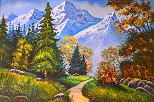 Painted forest. Original oil painting. Beautiful landscape with mountains.
