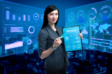 Business, Technology, Internet and network concept. Young businessman working on a virtual screen of the future and sees the inscription: Insight