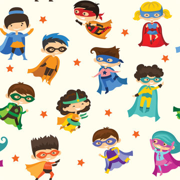 Vector illustrations in flat design of female and male kids superheroes in funny costume