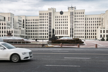 Minsk. Belarus. 02.18.2022 The House of the Government of the Republic of Belarus is the building of the Government of the Republic of Belarus in Minsk. In the center in front of the building stands a