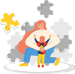 World Autism Awareness Day. A girl hugs a child illustration in a flat cartoon style. Background with puzzles. The girl is wearing a sweatshirt with puzzles with autism symbols.