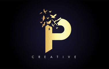 Golden P Logo Letter with Flock of Birds Flying and Disintegrating from the Letter.