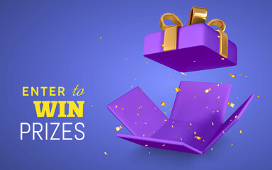 Open purple Gift Box and Confetti on blue background. Enter to Win Prizes. Vector Illustration
