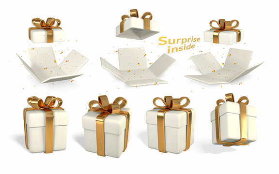 Set of five 3D render and draw by mesh realistic gift box with bow. Paper box with shadow isolated on white background. Vector illustration