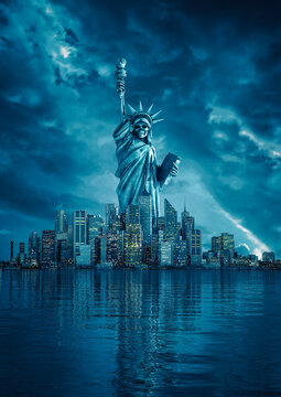 Gothic Statue of Liberty - 3D illustration of skeleton Lady Liberty rising above New York city skyline with storm clouds and waterfront