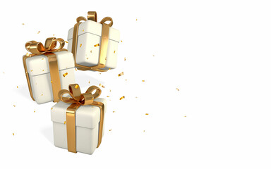 3D realistic white gift boxes with golden bow and confetti. Paper boxes with ribbon isolated on white background. Vector illustration