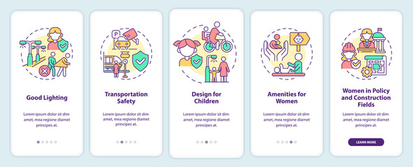 Comfortable city design for women and kids onboarding mobile app screen. Walkthrough 5 steps graphic instructions pages with linear concepts. UI, UX, GUI template. Myriad Pro-Bold, Regular fonts used