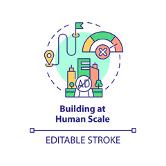 Building at human scale concept icon. Comfortable city. Principles of urban design abstract idea thin line illustration. Isolated outline drawing. Editable stroke. Arial, Myriad Pro-Bold fonts used