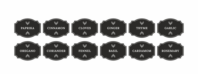 Pantry spice jar seasoning label sticker organizer set. black vintage stickers for spices in the kitchen. basil, rosemary, cinnamon