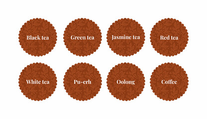 stickers for different types of tea black tea, green tea, oolong. labels for jars in the kitchen. tea storage in pantry