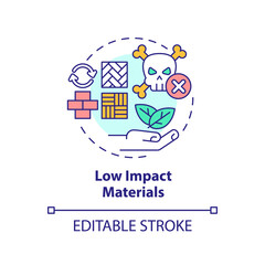 Low impact materials concept icon. Building quality. Sustainable urban design abstract idea thin line illustration. Isolated outline drawing. Editable stroke. Arial, Myriad Pro-Bold fonts used