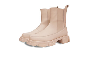  Trendy modern Beige or white Women's leather shoes isolated on a white background. Women's...
