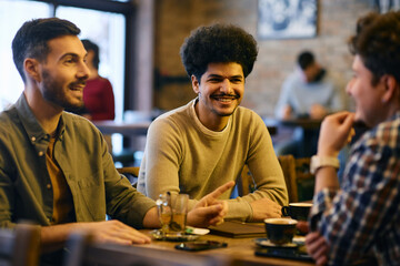 Happy Lebanese man and his Caucasian male friends enjoy while gathering in cafe.