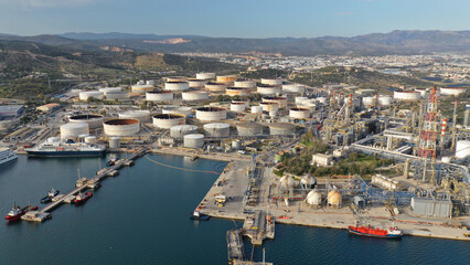 Fototapeta premium Aerial photo of industrial crude oil and gas refinery in Elefsina area, Attica, Greece