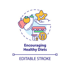 Encouraging healthy diets concept icon. Citizens healthcare. Urban comfort ideas abstract idea thin line illustration. Isolated outline drawing. Editable stroke. Arial, Myriad Pro-Bold fonts used