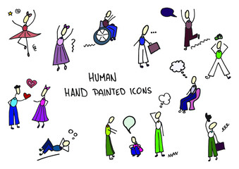 Human hand painted doodles, icons. People, bubbles, situations. Color.