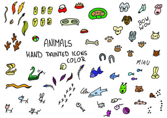 Animals hand painted doodles, icons. Dog, cat, fish, mouse, rabbit, pet items, tails, food. Color. - obrazy, fototapety, plakaty