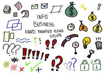 Info business hand painted doodles, icons. Watch, light bulb, clock, ask, lock, paper, lines. Color.

