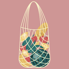 Eco bag or string bag with food products. Eco friendly packaging. EPS 10 + JPG.
