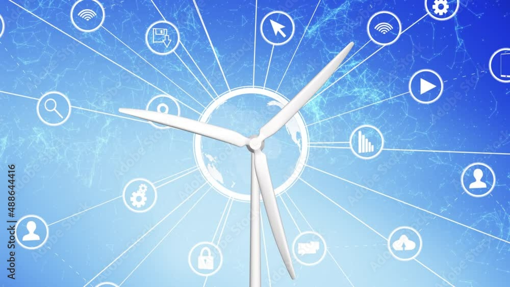 Poster electric turbine generator and digital tech icon symbols loop animation.