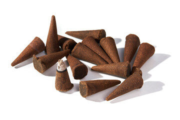 Incense cones for aromatherapy isolated on white background. 
Set of traditional natural incense...