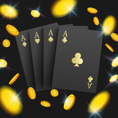 3D casino poker cards and playing chips on black background, vector illustration