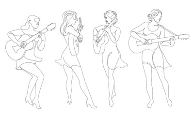 Collection. Silhouette of a beautiful woman with a guitar in a modern continuous line style. Girl guitarist, slender. Aesthetic decor sketches, posters, stickers, logo. set of vector illustrations.
