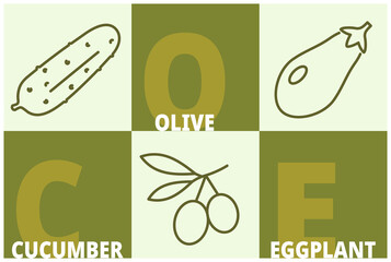 Herbs and spices line icon set. Cucumber, olive, eggplant aubergine signs with name text. Editable stroke symbols of food. 3 linear style olive colored design elements. Vector isolated. - 488645422