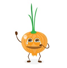 Cute onion character with face and emotions, arms and legs. The funny or sad hero, vegetable. Vector flat illustration