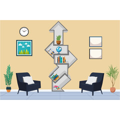 Arrow Bookshelf, with colorful books and decor with posters on wall in interior room. Flat vector illustration.