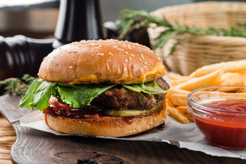 burger set with potatoes and sauce, Set of burgers with french fries and ketchup sauce. Big hamburgers and french fries. Fast food set Restaurant burger menu