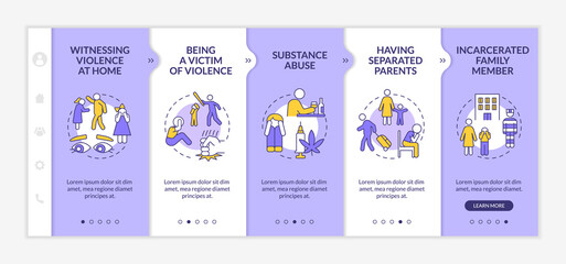 Survivors of childhood trauma purple and white onboarding template. Responsive mobile website with linear concept icons. Web page walkthrough 5 step screens. Lato-Bold, Regular fonts used