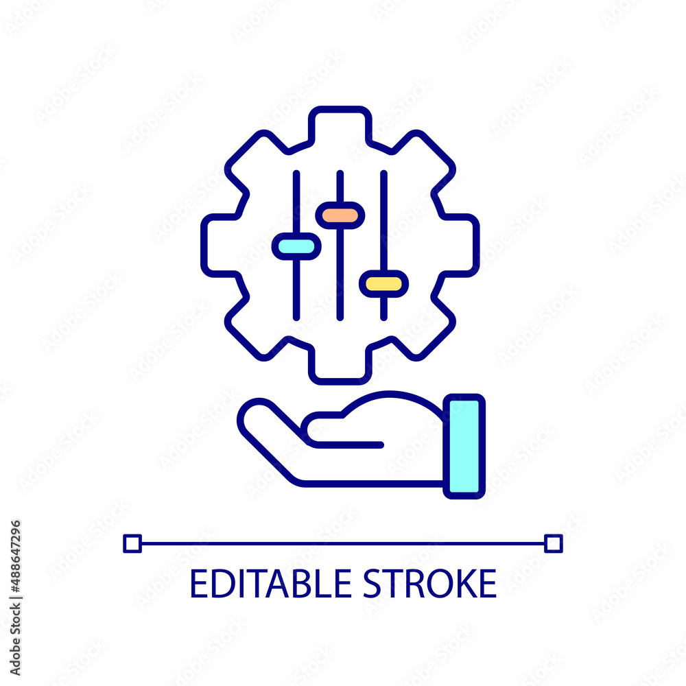 Poster hand holding cogwheel with levers rgb color icon. manual settings. control tools. technology and eng