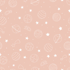 Vector seamless pattern with hand drawn planets, stars and meteorites on pink background. Doodle cosmos. Space theme.
