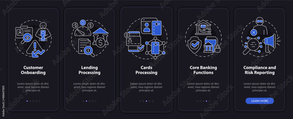 Poster automated banking night mode onboarding mobile app screen. walkthrough 5 steps graphic instructions 