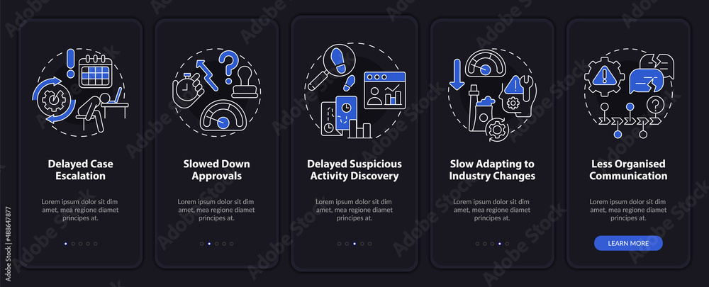 Poster bpa challenges night mode onboarding mobile app screen. tasks automation walkthrough 5 steps graphic