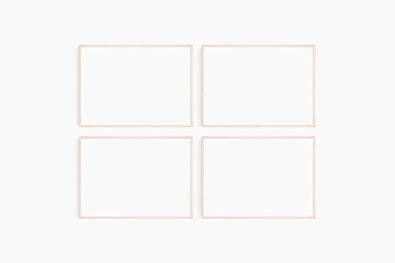 Horizontal frame mockup 7:5, 70x50, A4, A3, A2, A1 landscape. Set of four thin light wood frames. Gallery wall mockup, set of 4 frames. Clean, modern, minimalist, bright.