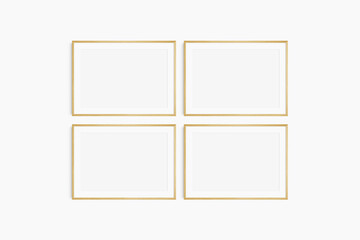 Horizontal frame mockup 7:5, 70x50, A4, A3, A2, A1 landscape. Set of four thin oak wood frames. Gallery wall mockup, set of 4 frames. Clean, modern, minimalist, bright. Mat opening 3:2.