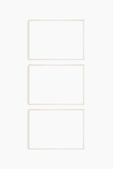 Horizontal frame mockup 7:5, 70x50, A4, A3, A2, A1 landscape. Set of three thin light wood frames. Gallery wall mockup, set of 3 frames. Clean, modern, minimalist, bright.