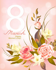 Greeting card for International Women’s Day 8 March. Spring background with roses and daffodils. Vector illustration.