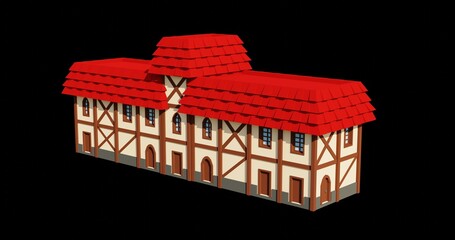 Medieval red roof 2-floor school 3d rendering. Fantasy building illustration. Perspective architecture.