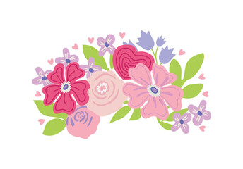 Beautiful cute hand drawn flowers and leaves in a bouquet. Roses, forget-me-nots, bluebells, daisies. Vector flat illustration, for Womens Day, birthday, wedding, retro style.