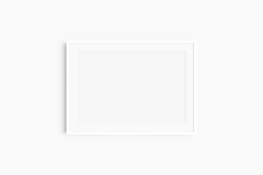 Horizontal frame mockup 7:5, 70x50, A4, A3, A2, A1 landscape. Single white frame mockup. Clean, modern, minimalist, bright. Passepartout/mat opening in 3:2 aspect ratio.