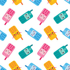 Cute and smiling retro mobile phone characters vector seamless pattern background.