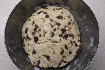 The yeast dough from which a German Christstollen is made. Raisins, rum and many delicious spices...