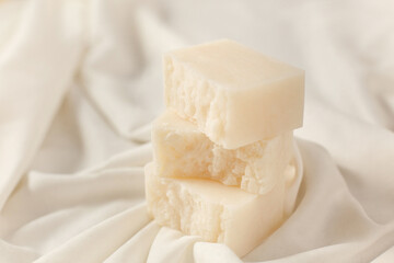 Natural handmade cocoa soap on white background, spa organic soap