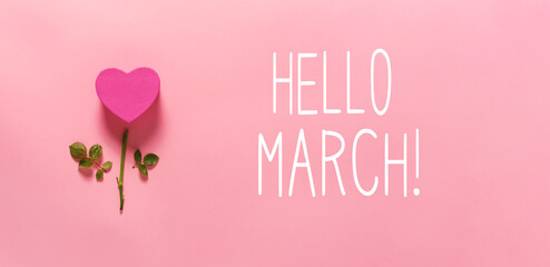 Hello March message with heart flower top view flat lay