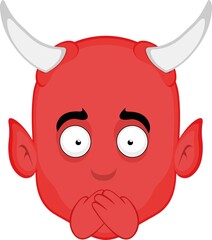 Vector illustration of cartoon demon face covering his mouth with his hands