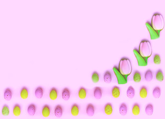 Poster with colorful Easter eggs and tulip cookies on pink background.Promotion design for shopping Easter. Creative copy space. 