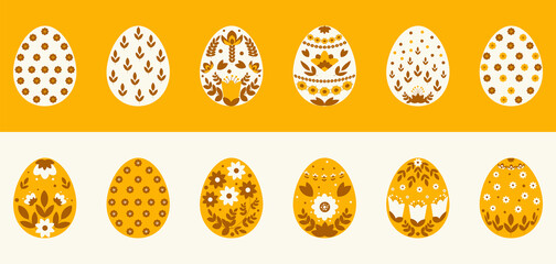 Flat illustration of Easter eggs on an orange background. Floral ornament.